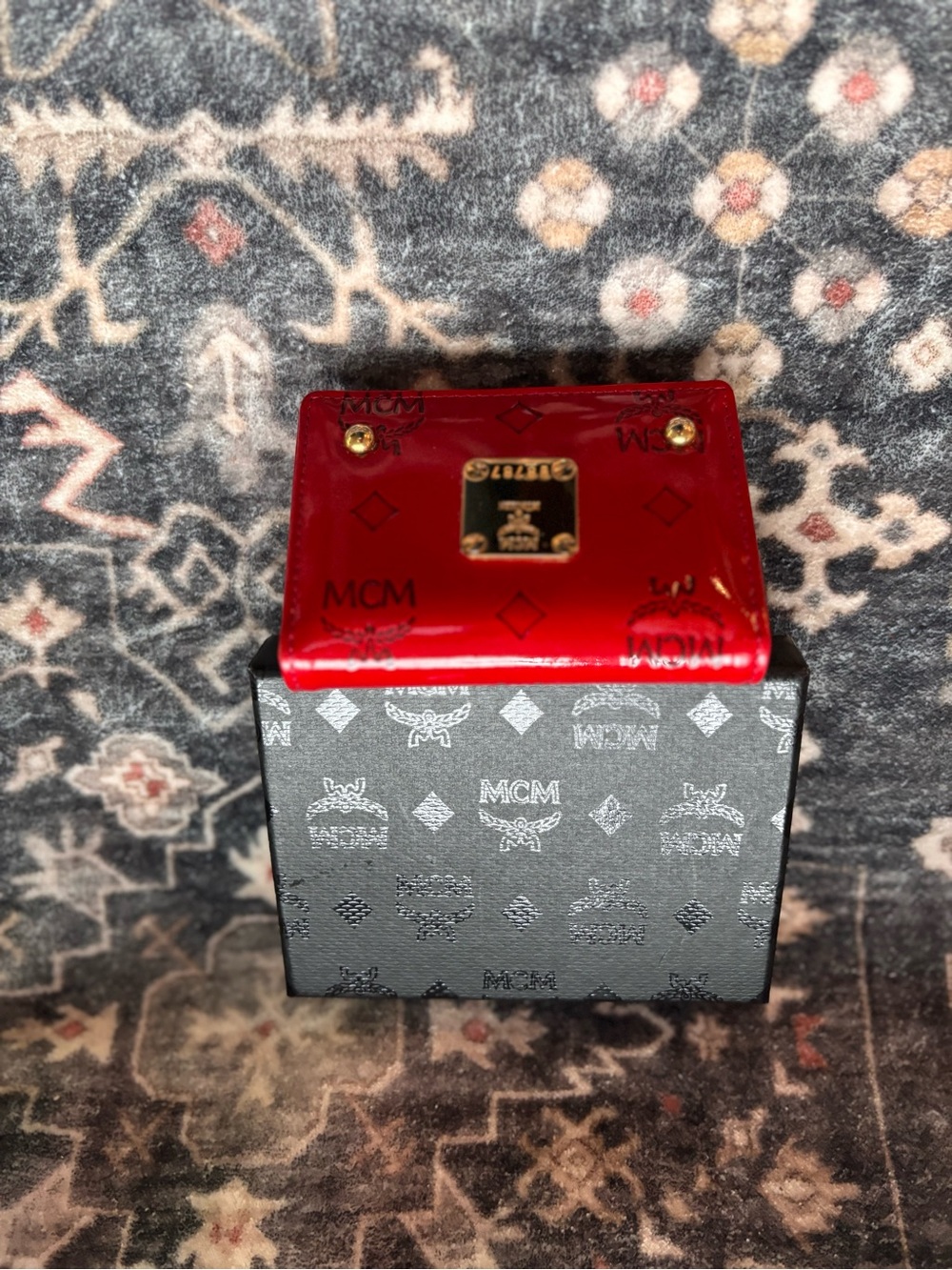 MCM Red Patent Leather Mini Watch Box with Gold Plaque